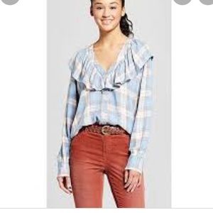 Mossimo blue plaid ruffled blouse